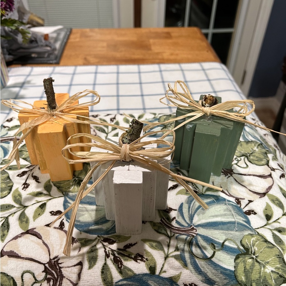 Handmade Rustic Wooden Pumpkin Set - Yellow, Green, and White